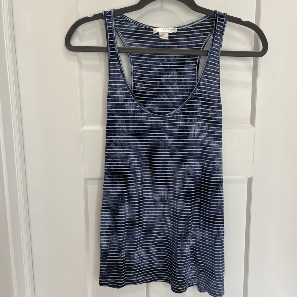 Kenar‎ Tank Top Women's Size S Ivory Blue Horizontal Striped Sleeveless Tie Dye